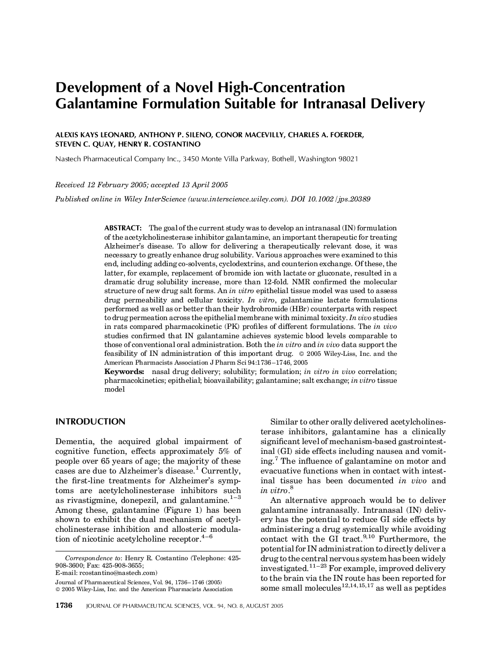 Development of a novel high-concentration galantamine formulation suitable for intranasal delivery