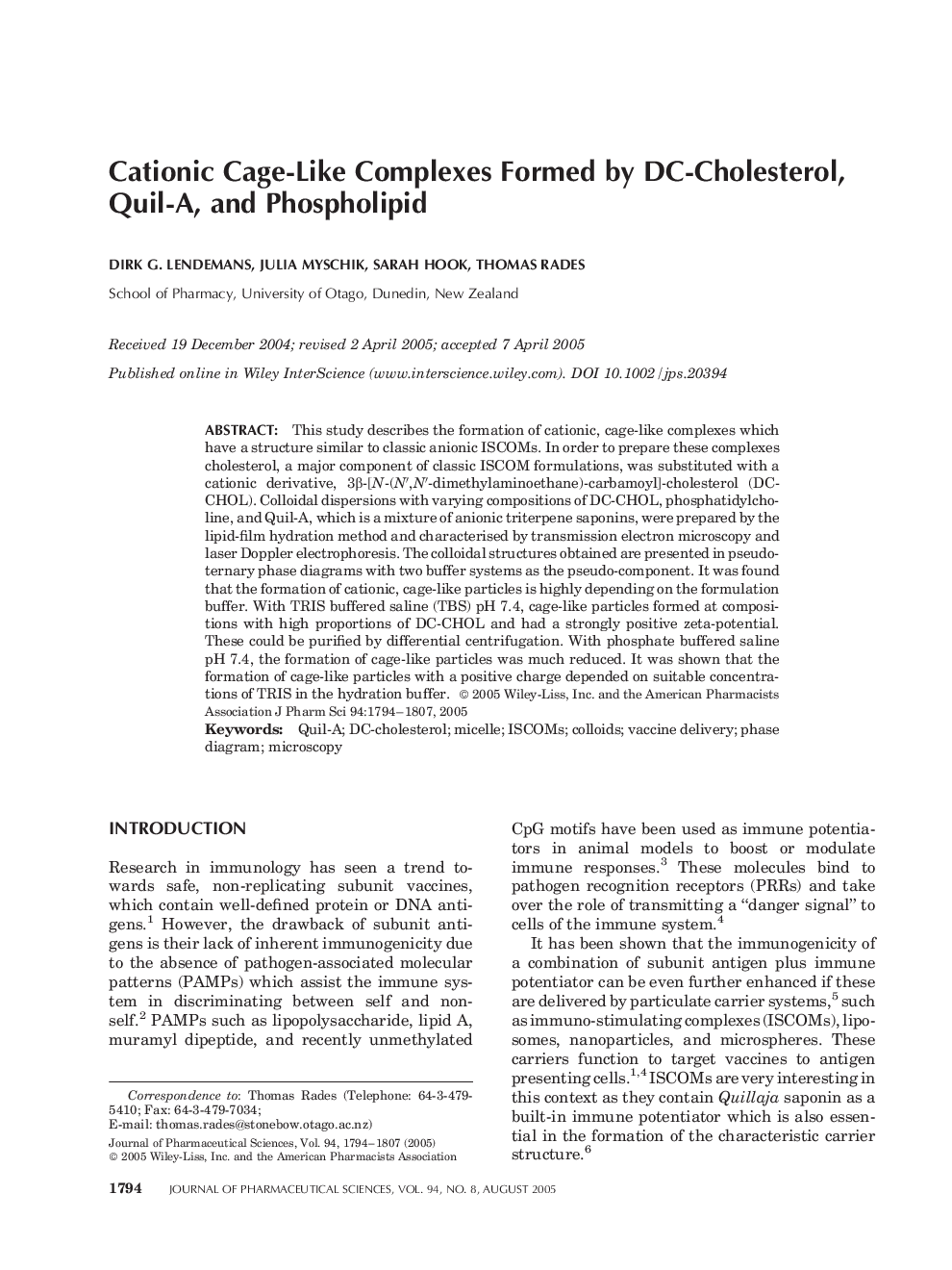 Cationic cage-like complexes formed by DC-cholesterol, Quil-A, and phospholipid