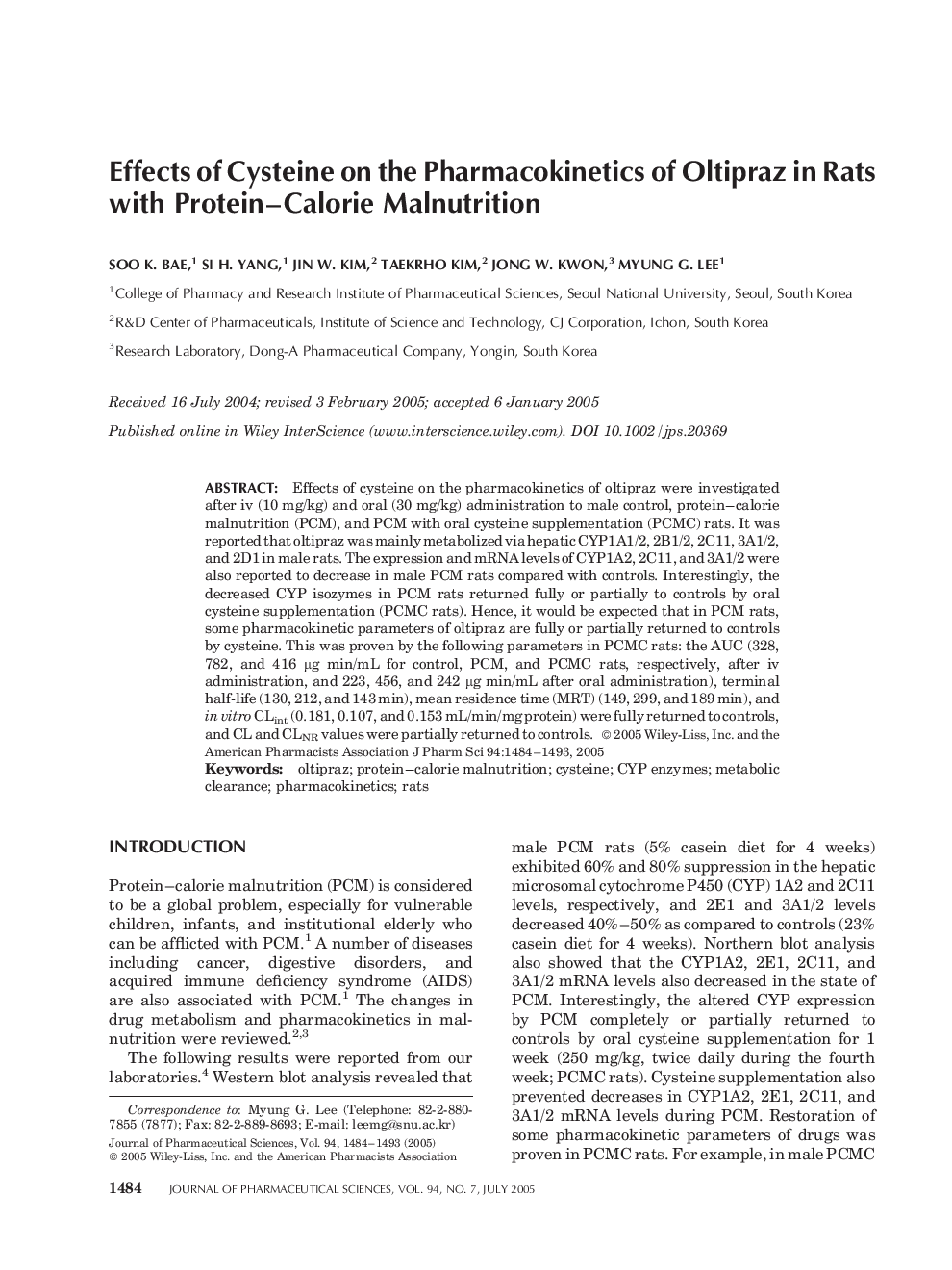 Effects of cysteine on the pharmacokinetics of oltipraz in rats with protein-calorie malnutrition