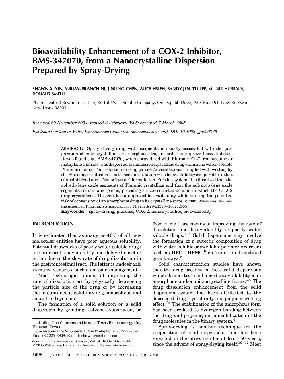 Bioavailability enhancement of a COX-2 inhibitor, BMS-347070, from a nanocrystalline dispersion prepared by spray-drying