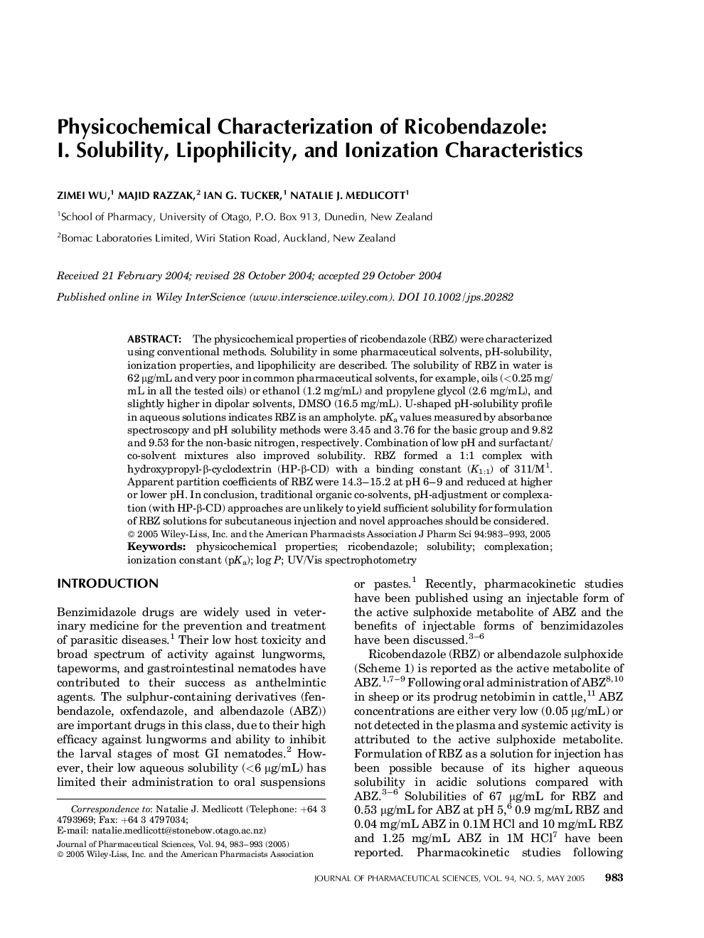 Physicochemical Characterization of Ricobendazole: I. Solubility, Lipophilicity, and Ionization Characteristics