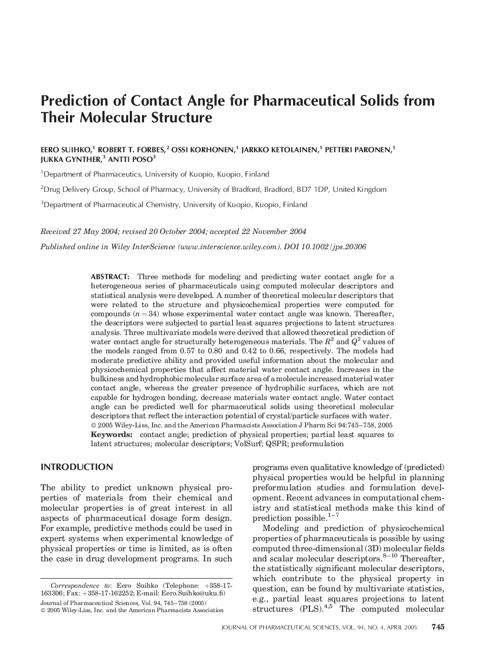 Prediction of Contact Angle for Pharmaceutical Solids from Their Molecular Structure