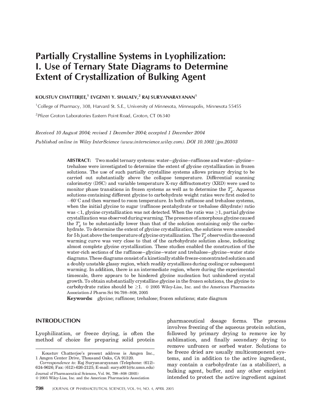 Partially Crystalline Systems in Lyophilization: I. Use of Ternary State Diagrams to Determine Extent of Crystallization of Bulking Agent