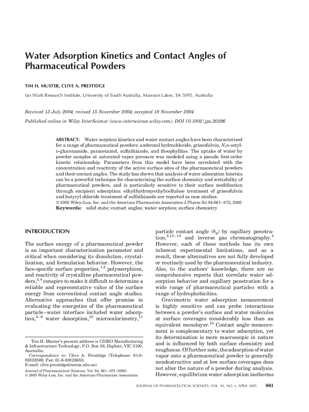 Water Adsorption Kinetics and Contact Angles of Pharmaceutical Powders