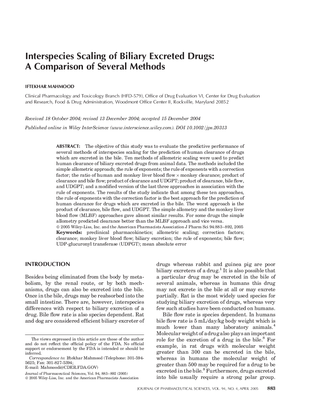 Interspecies Scaling of Biliary Excreted Drugs: A Comparison of Several Methods*