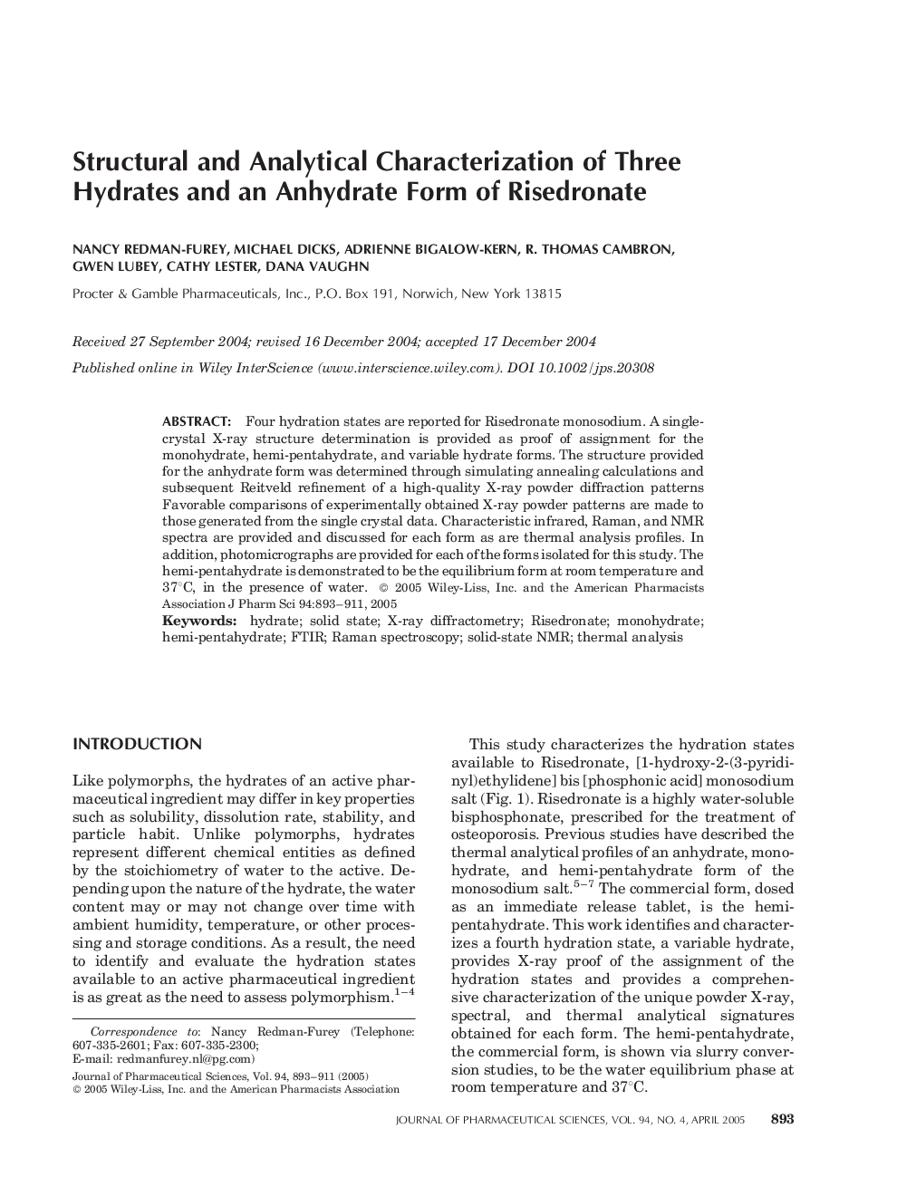 Structural and Analytical Characterization of Three Hydrates and an Anhydrate Form of Risedronate