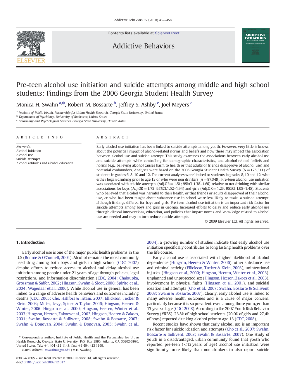 Pre-teen alcohol use initiation and suicide attempts among middle and high school students: Findings from the 2006 Georgia Student Health Survey