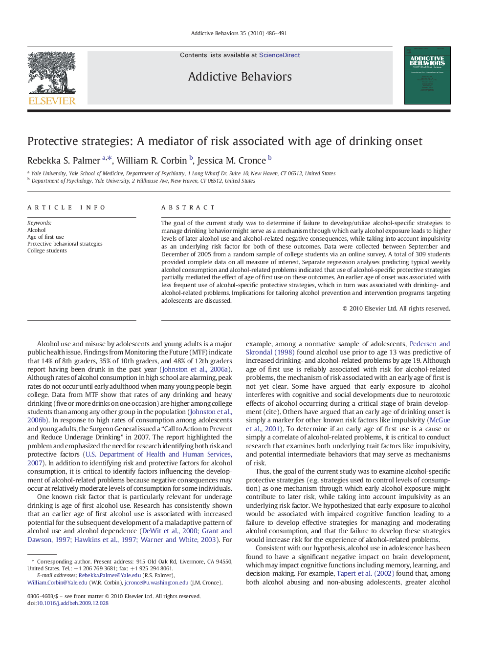 Protective strategies: A mediator of risk associated with age of drinking onset