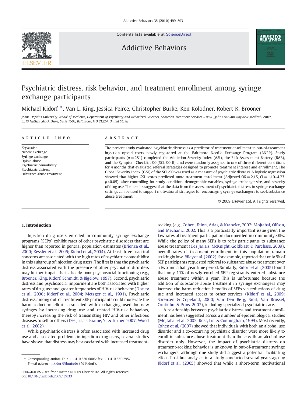 Psychiatric distress, risk behavior, and treatment enrollment among syringe exchange participants