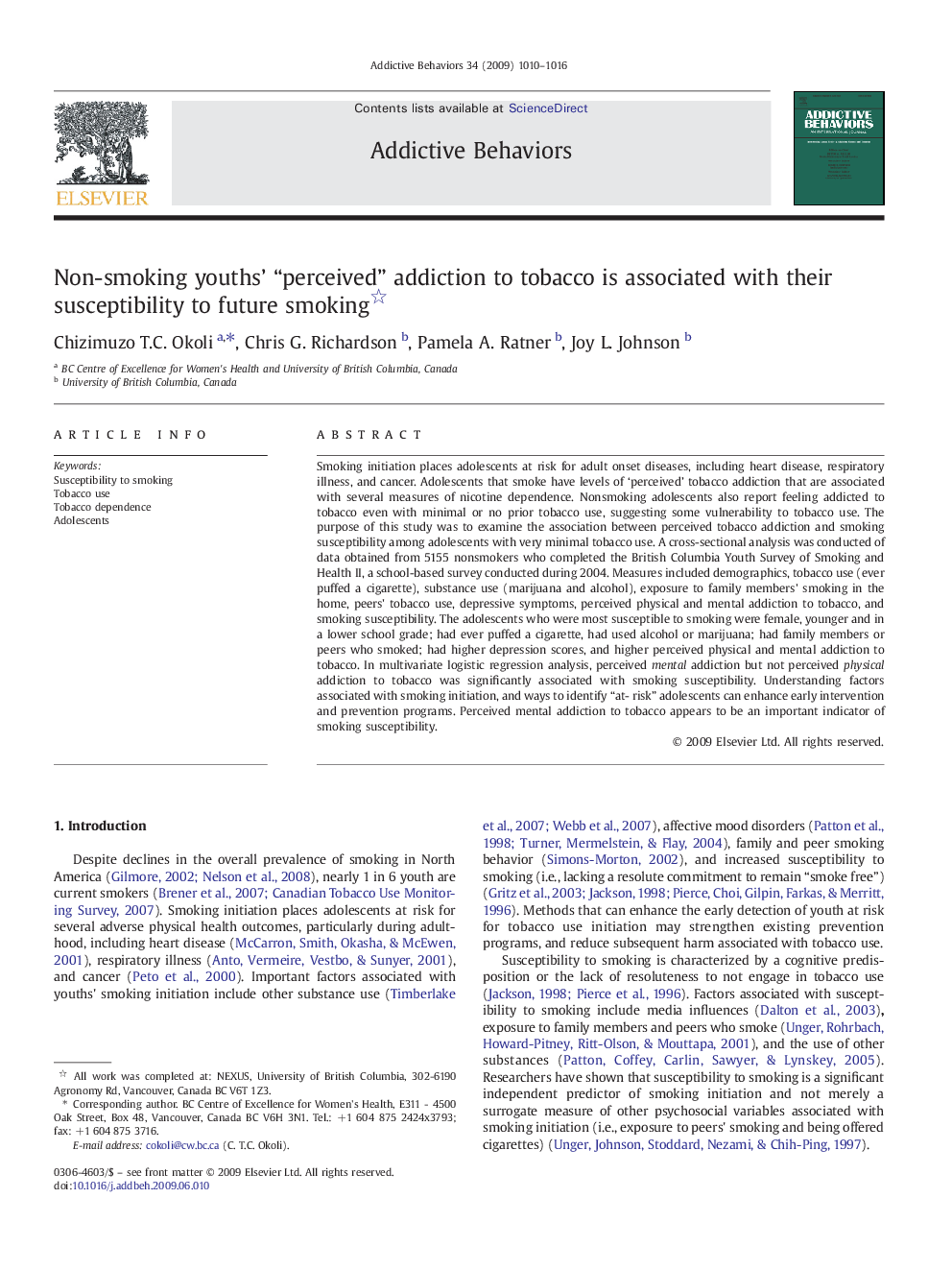 Non-smoking youths’ “perceived” addiction to tobacco is associated with their susceptibility to future smoking 