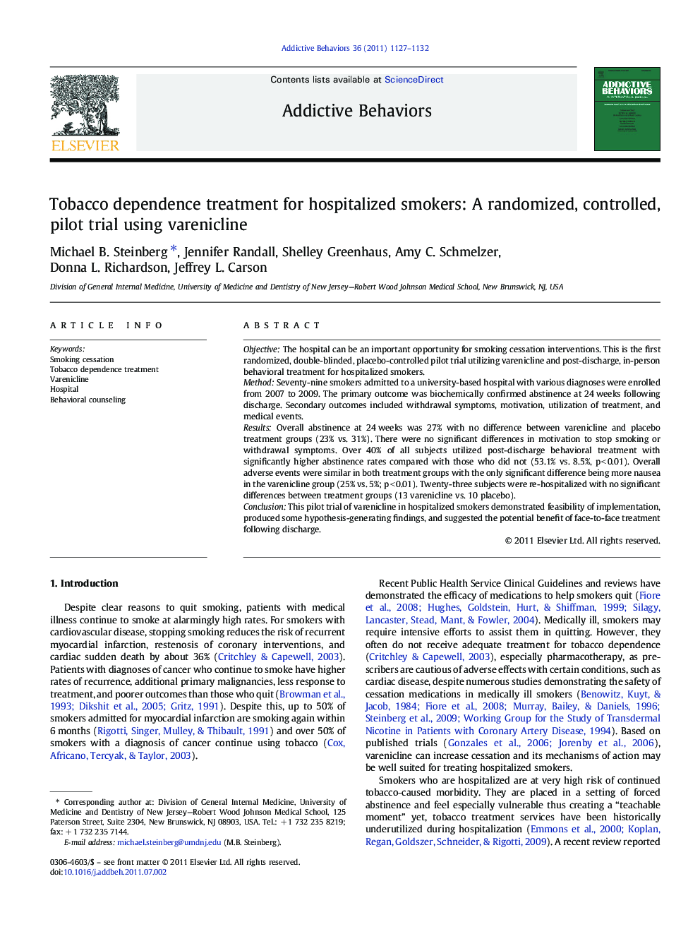 Tobacco dependence treatment for hospitalized smokers: A randomized, controlled, pilot trial using varenicline