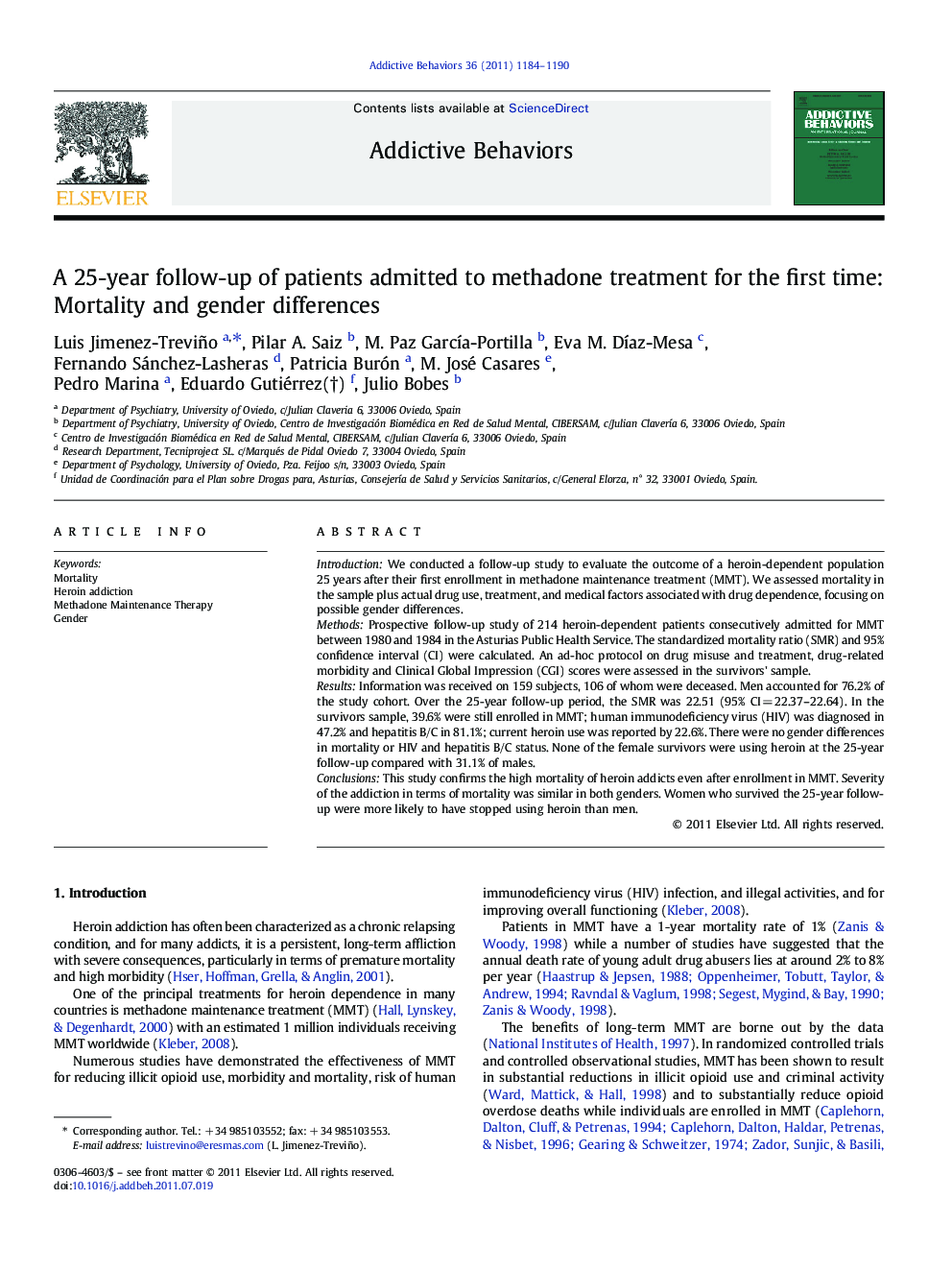 A 25-year follow-up of patients admitted to methadone treatment for the first time: Mortality and gender differences