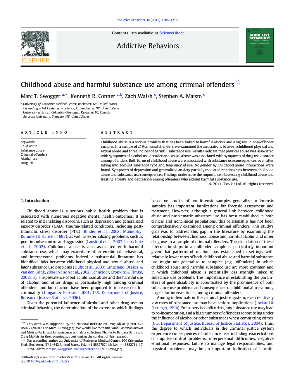 Childhood abuse and harmful substance use among criminal offenders 