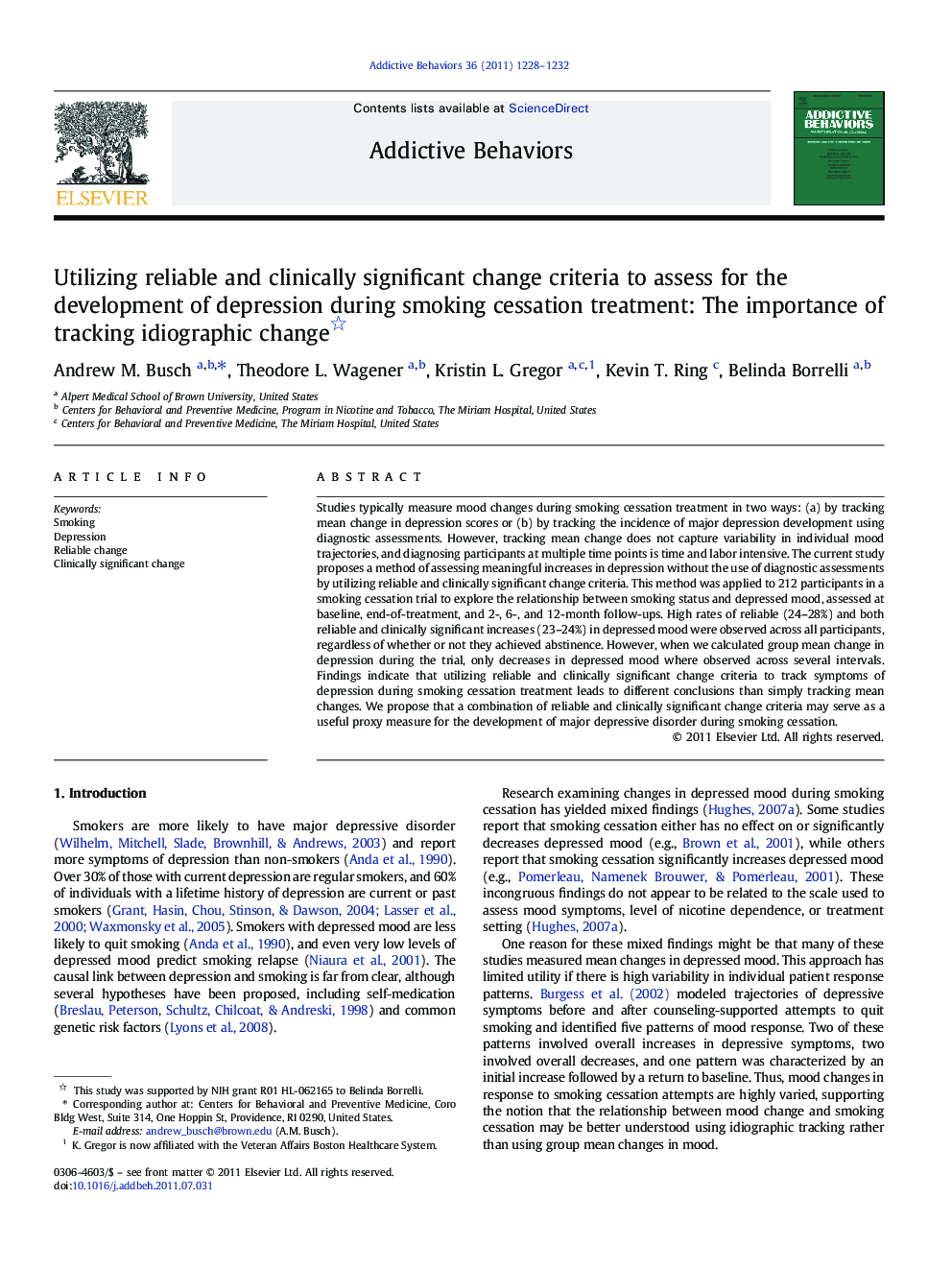 Utilizing reliable and clinically significant change criteria to assess for the development of depression during smoking cessation treatment: The importance of tracking idiographic change 