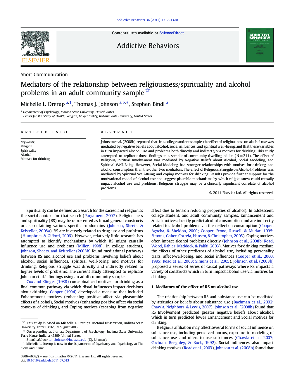 Mediators of the relationship between religiousness/spirituality and alcohol problems in an adult community sample 
