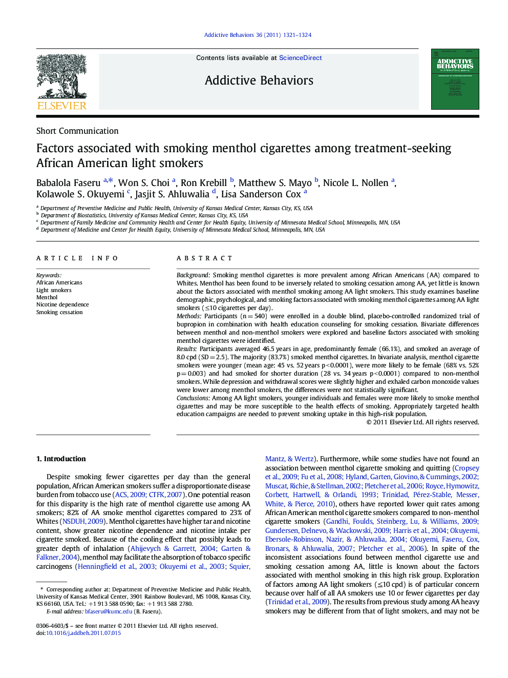 Factors associated with smoking menthol cigarettes among treatment-seeking African American light smokers