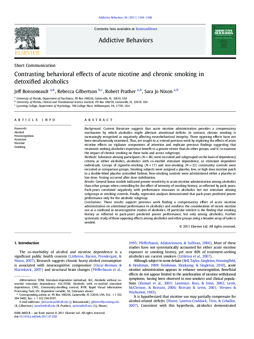 Contrasting behavioral effects of acute nicotine and chronic smoking in detoxified alcoholics