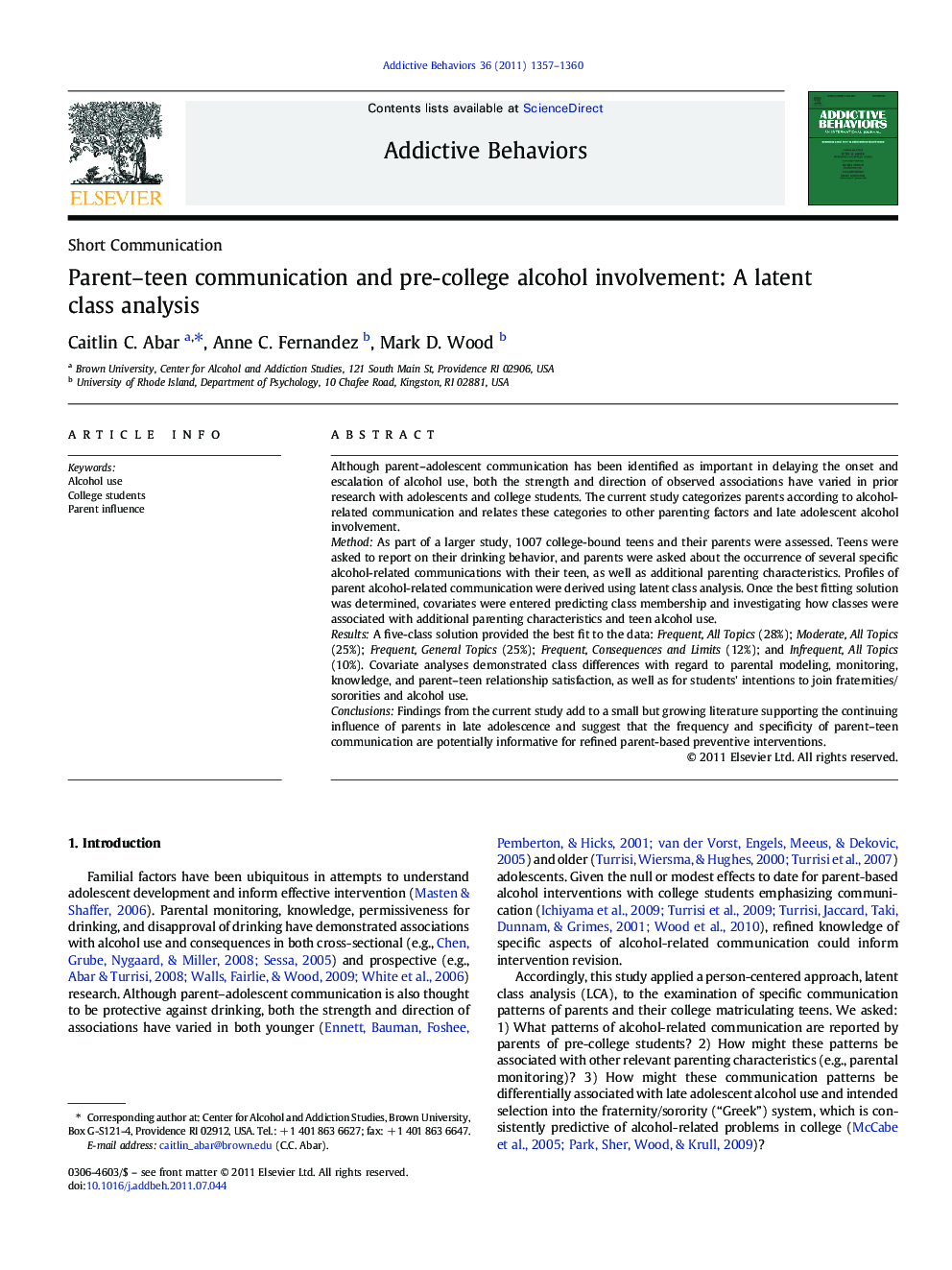 Parent–teen communication and pre-college alcohol involvement: A latent class analysis