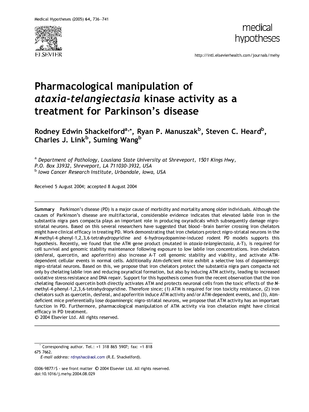 Pharmacological manipulation of ataxia-telangiectasia kinase activity as a treatment for Parkinson's disease