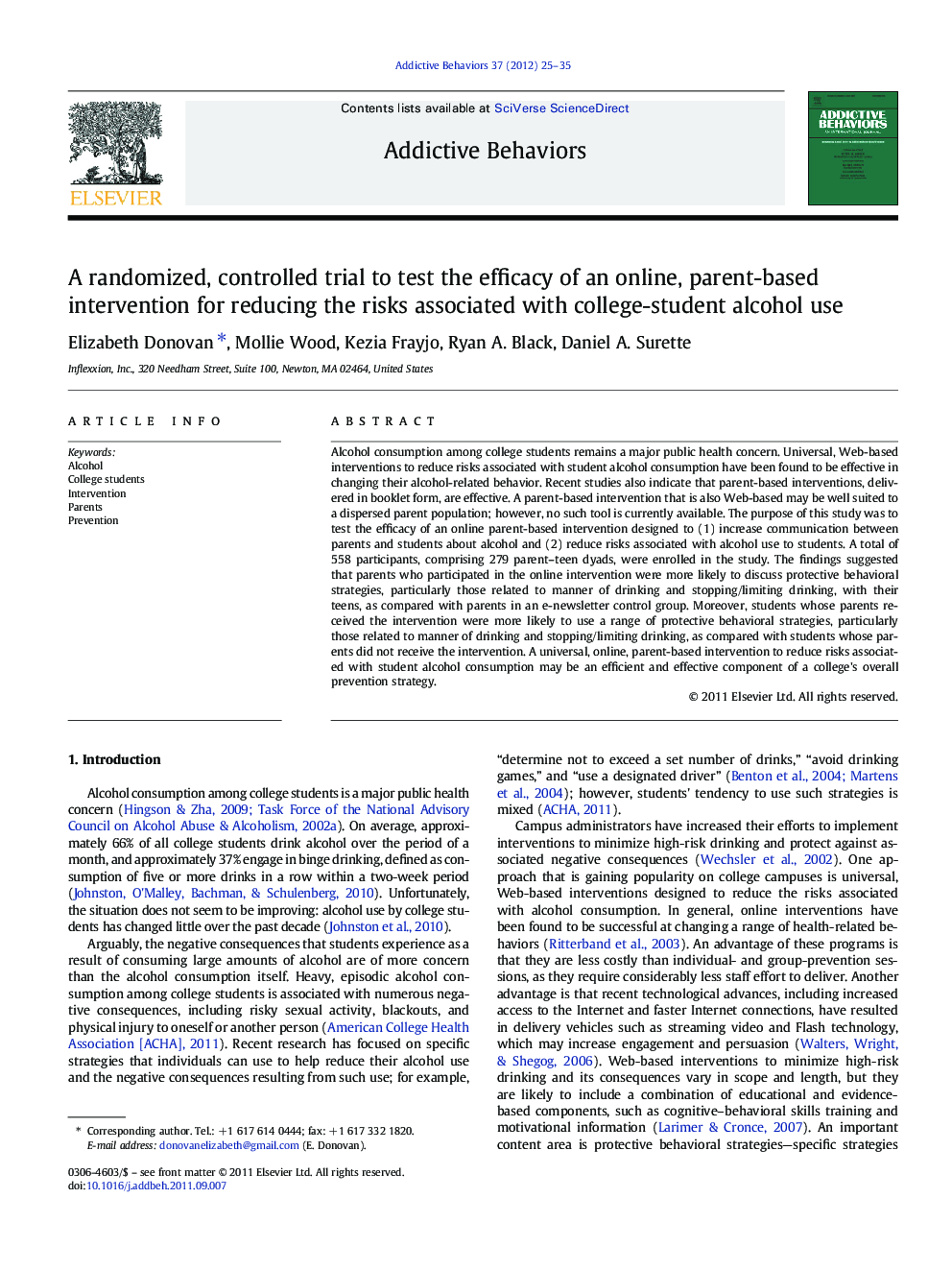 A randomized, controlled trial to test the efficacy of an online, parent-based intervention for reducing the risks associated with college-student alcohol use