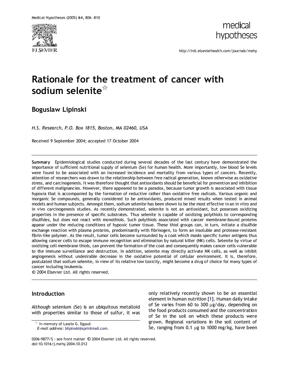 Rationale for the treatment of cancer with sodium selenite