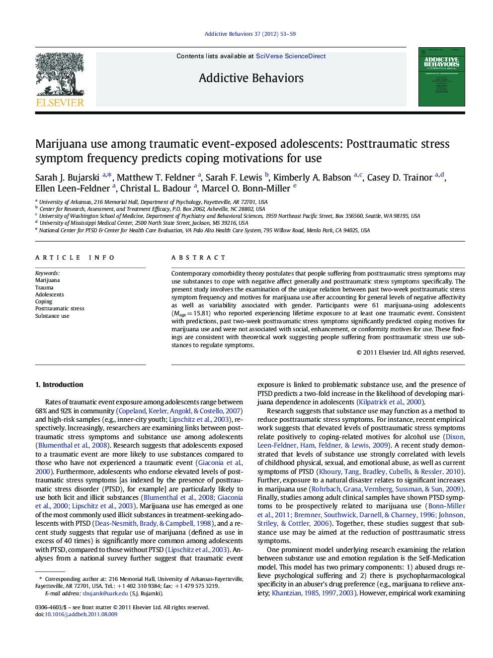 Marijuana use among traumatic event-exposed adolescents: Posttraumatic stress symptom frequency predicts coping motivations for use