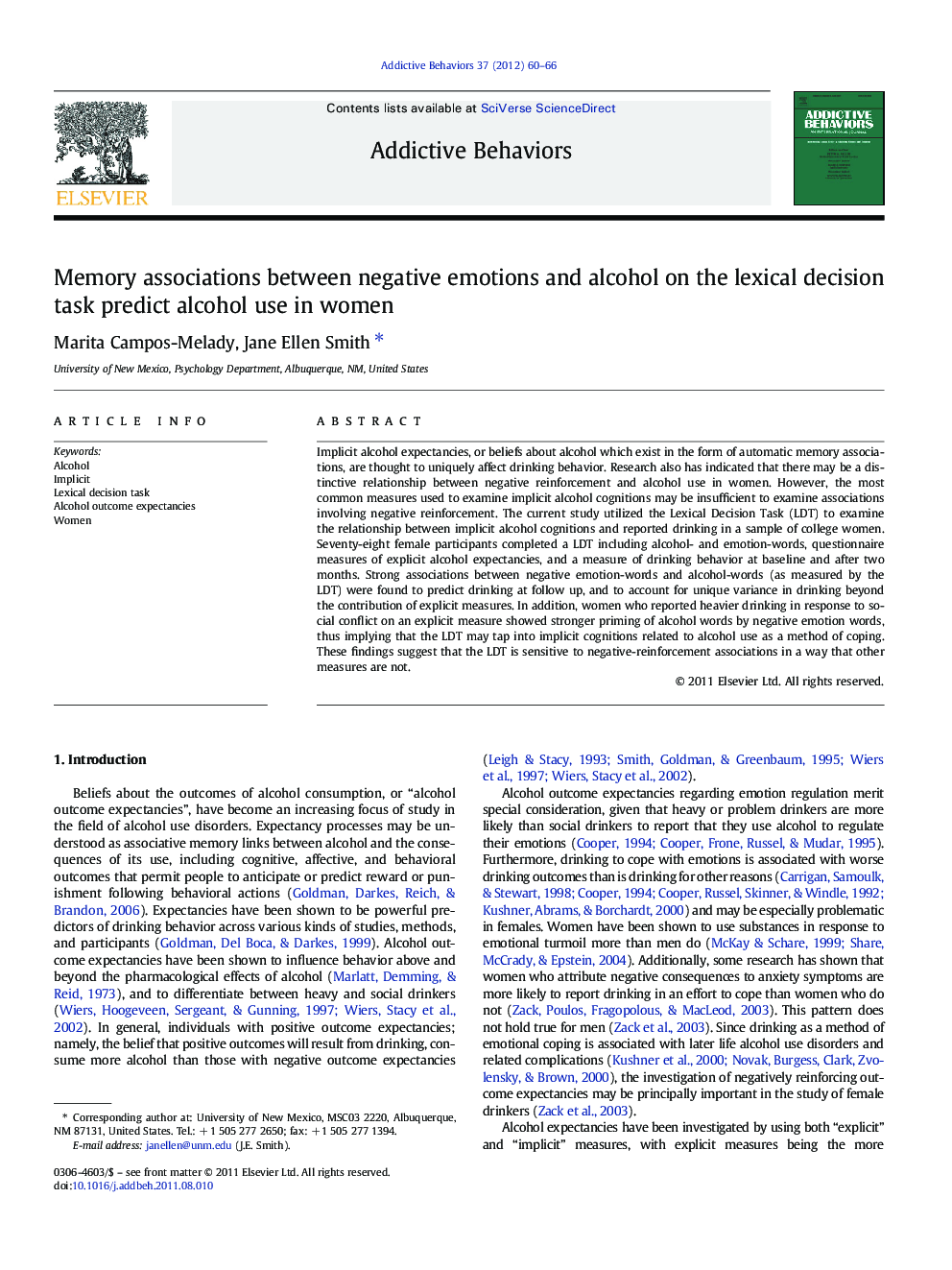 Memory associations between negative emotions and alcohol on the lexical decision task predict alcohol use in women