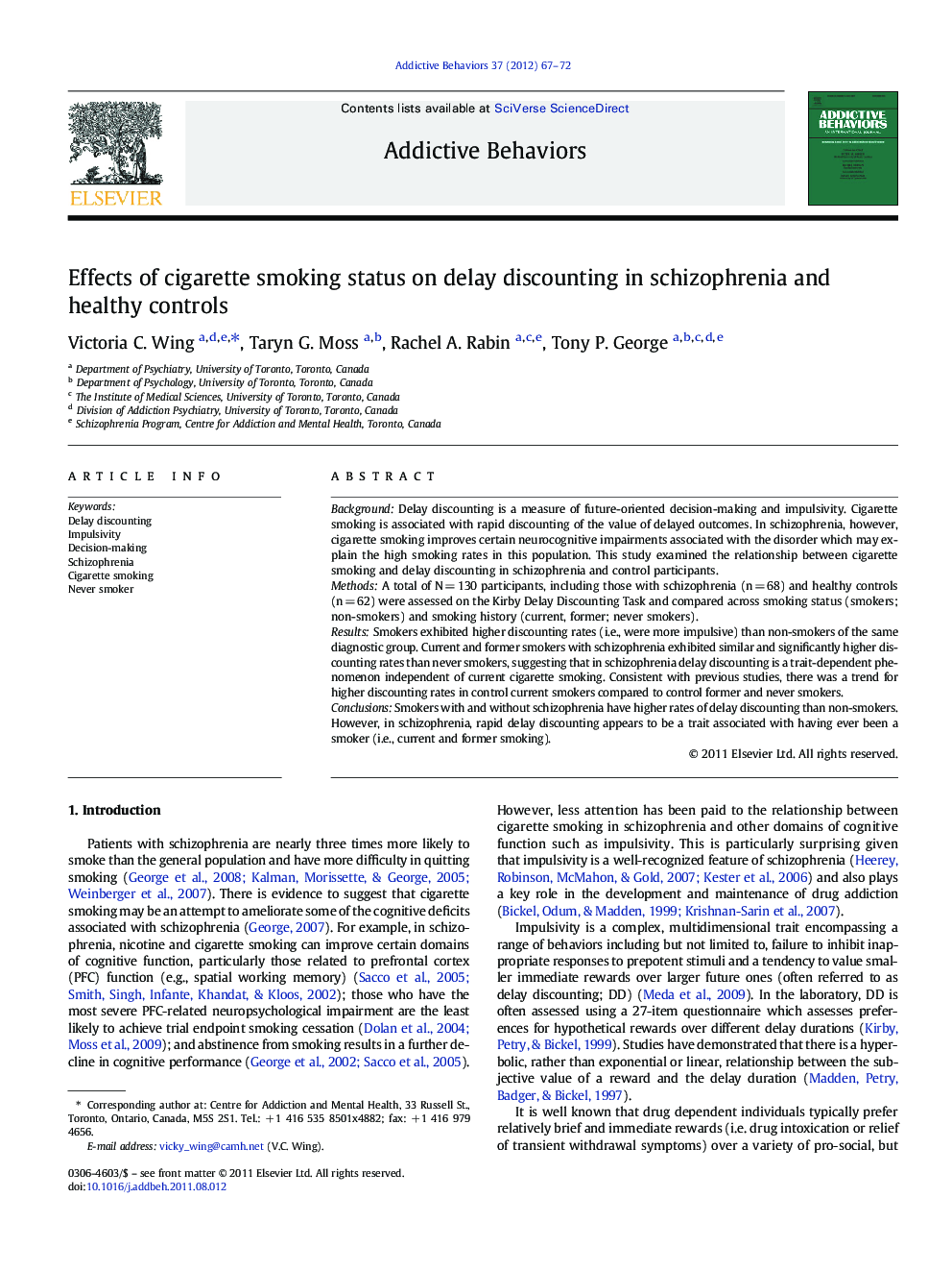 Effects of cigarette smoking status on delay discounting in schizophrenia and healthy controls