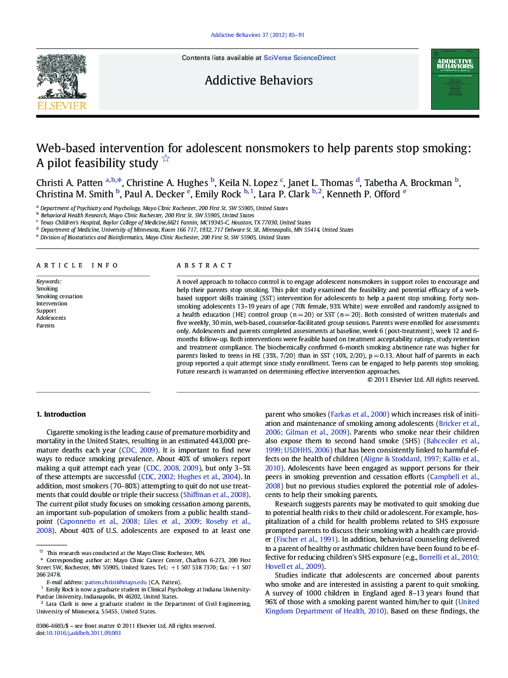 Web-based intervention for adolescent nonsmokers to help parents stop smoking: A pilot feasibility study 