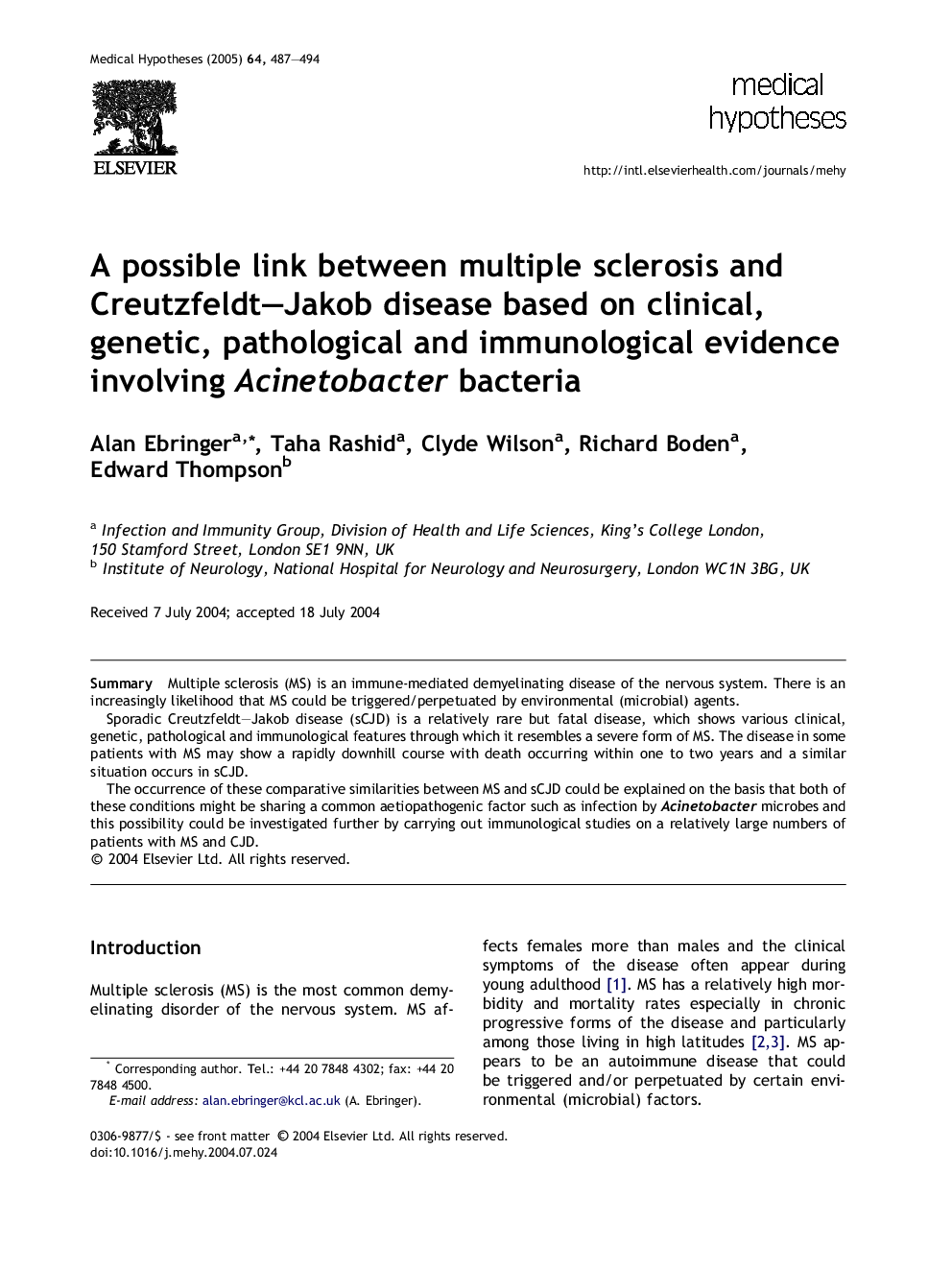 A possible link between multiple sclerosis and Creutzfeldt-Jakob disease based on clinical, genetic, pathological and immunological evidence involving Acinetobacter bacteria