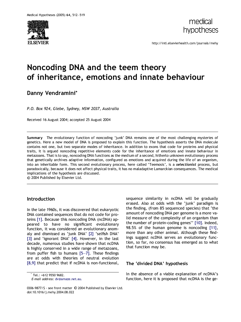 Noncoding DNA and the teem theory of inheritance, emotions and innate behaviour