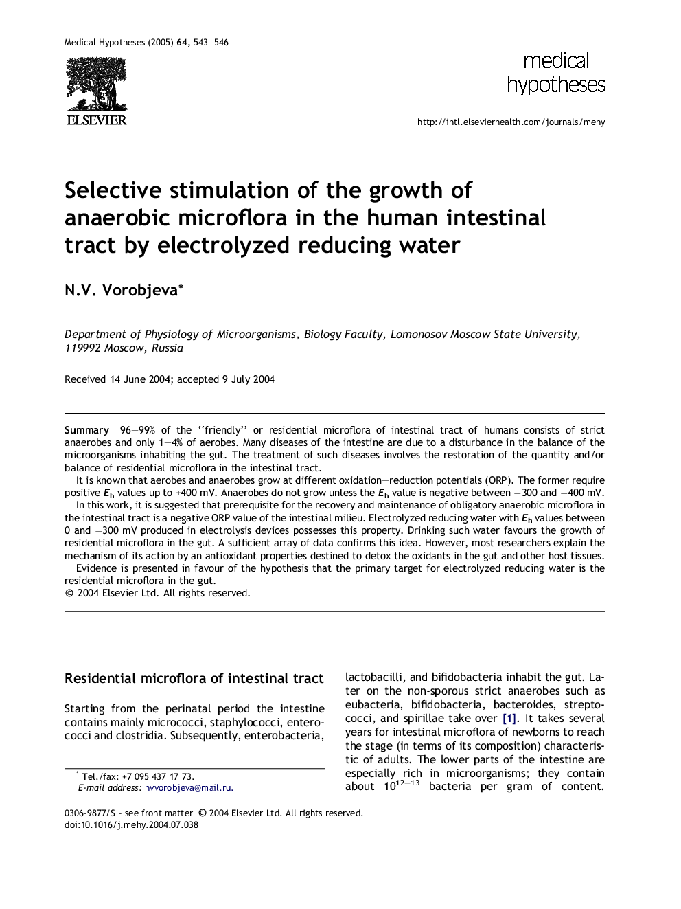 Selective stimulation of the growth of anaerobic microflora in the human intestinal tract by electrolyzed reducing water