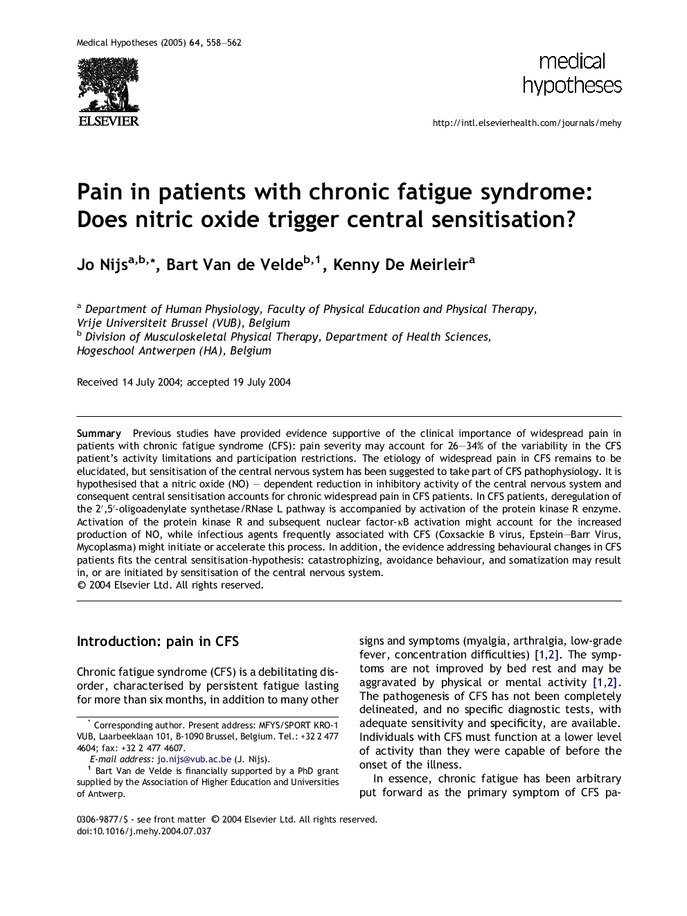 Pain in patients with chronic fatigue syndrome: Does nitric oxide trigger central sensitisation?