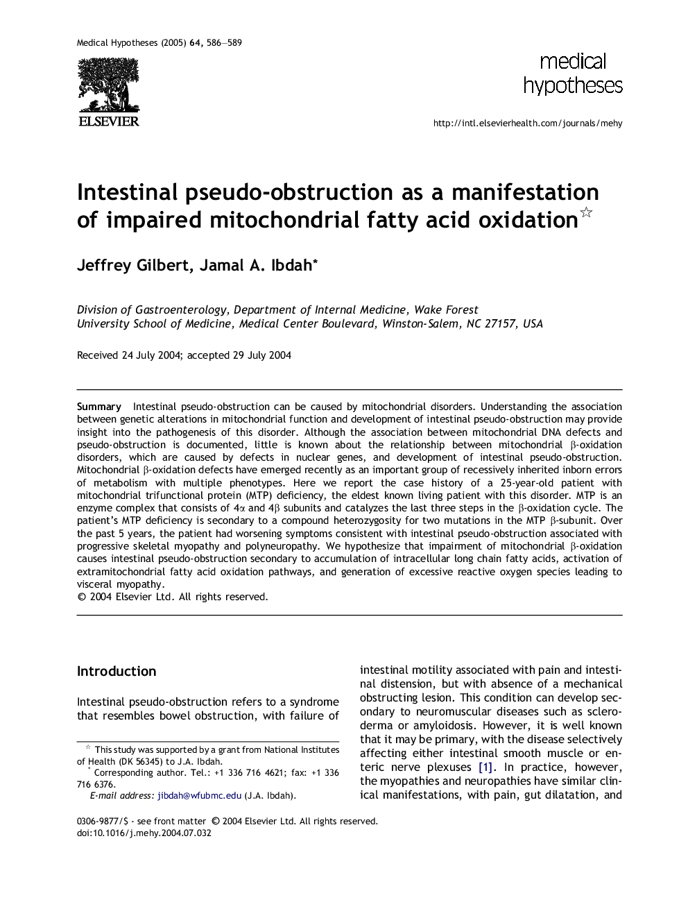 Intestinal pseudo-obstruction as a manifestation of impaired mitochondrial fatty acid oxidation