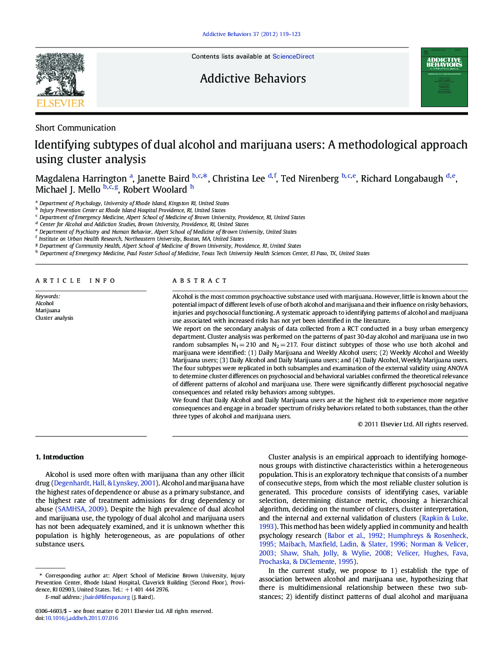 Identifying subtypes of dual alcohol and marijuana users: A methodological approach using cluster analysis