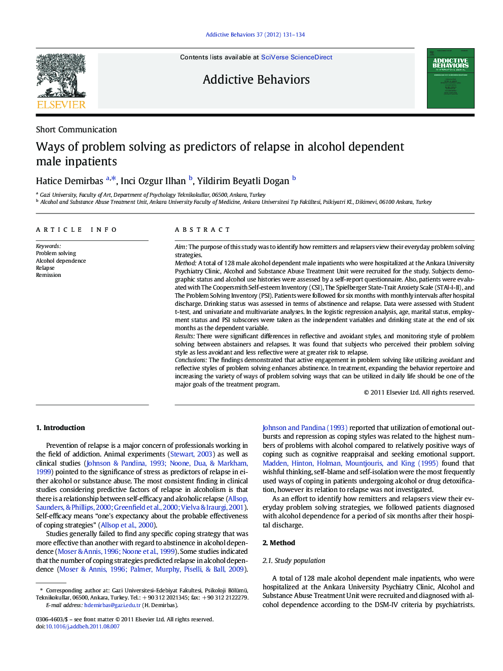 Ways of problem solving as predictors of relapse in alcohol dependent male inpatients