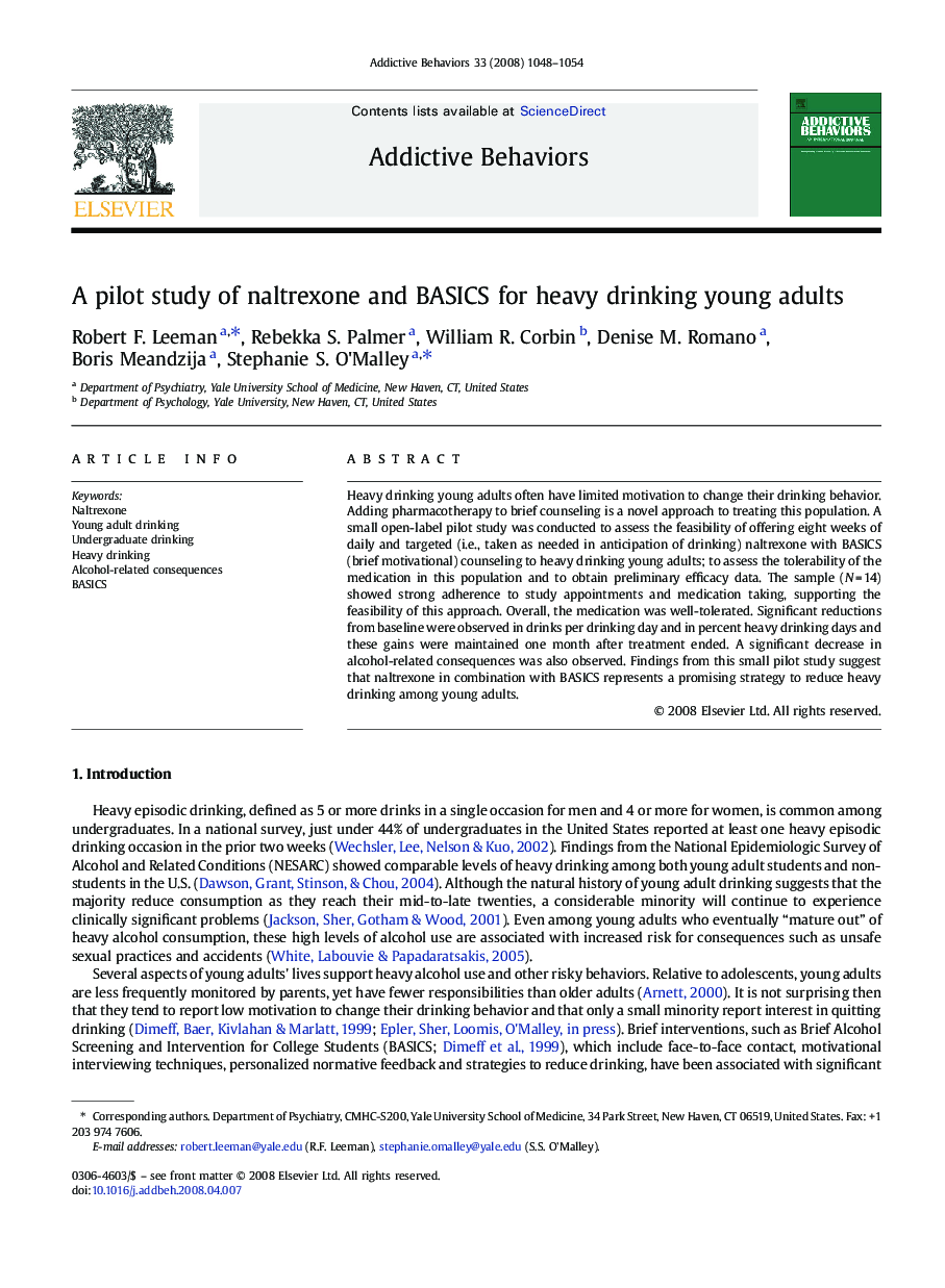 A pilot study of naltrexone and BASICS for heavy drinking young adults