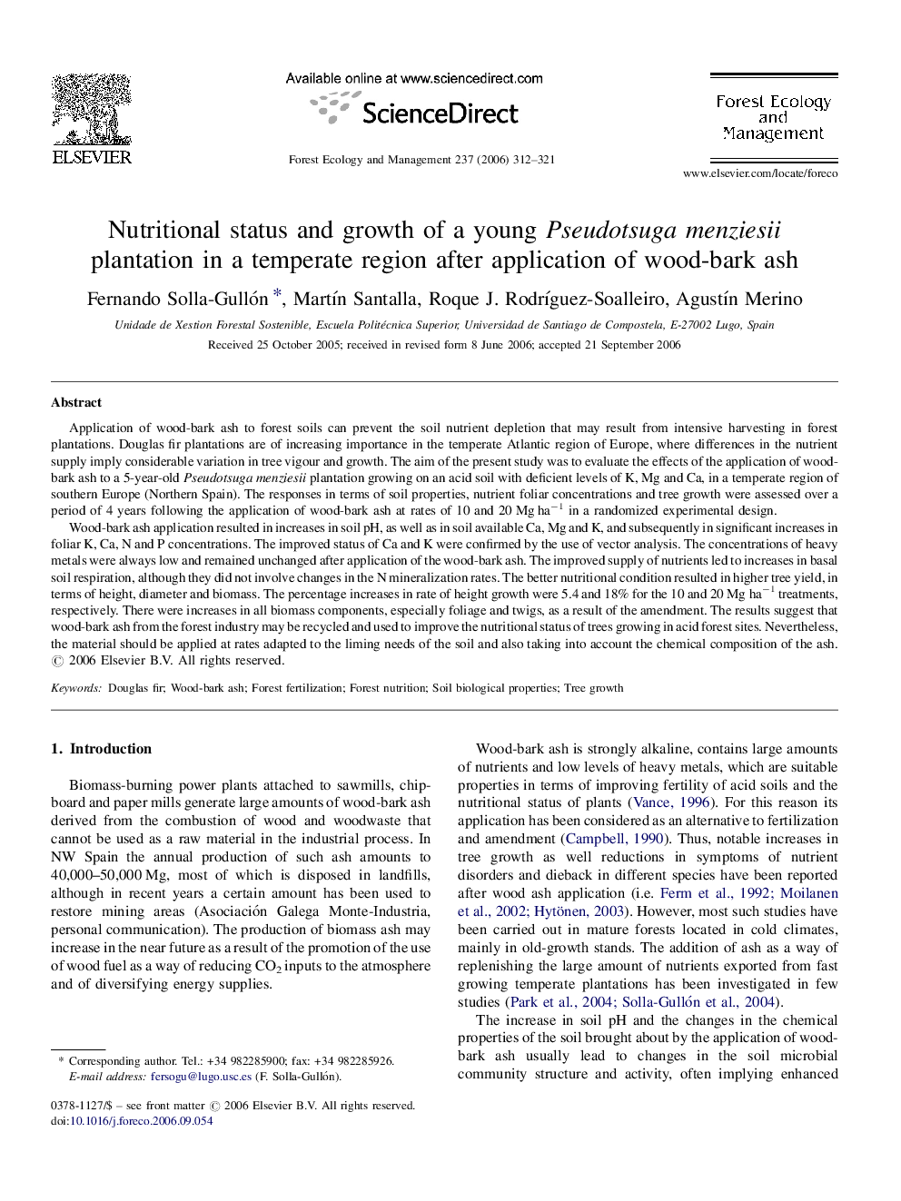 Nutritional status and growth of a young Pseudotsuga menziesii plantation in a temperate region after application of wood-bark ash