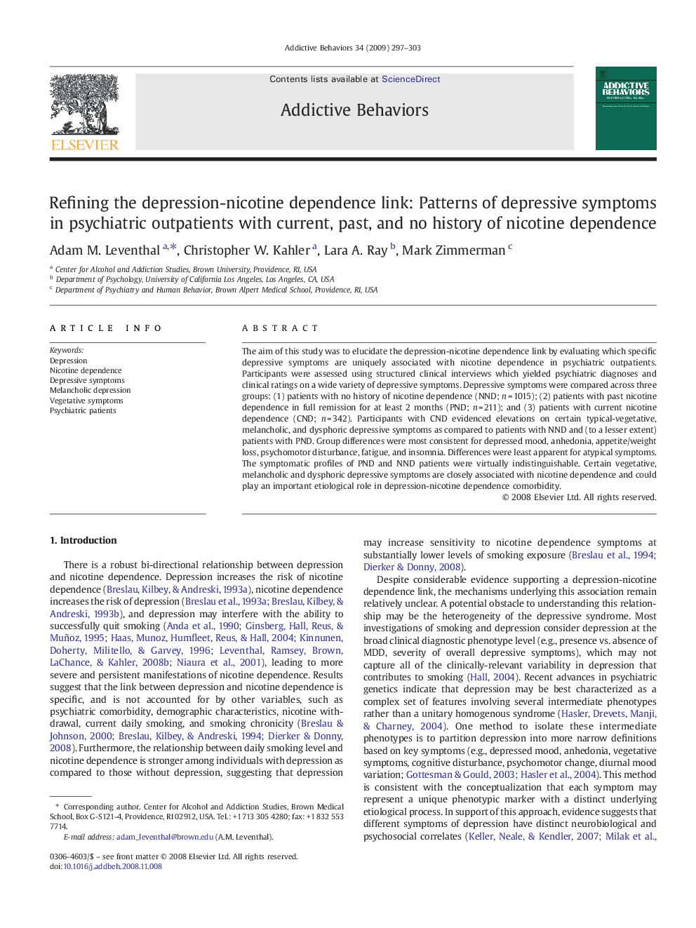 Refining the depression-nicotine dependence link: Patterns of depressive symptoms in psychiatric outpatients with current, past, and no history of nicotine dependence