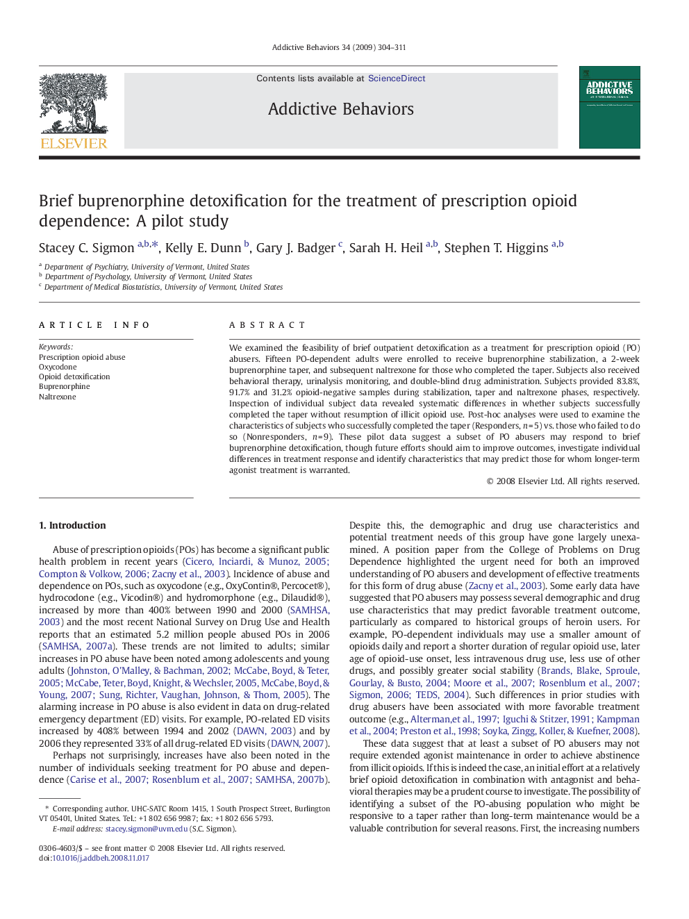 Brief buprenorphine detoxification for the treatment of prescription opioid dependence: A pilot study