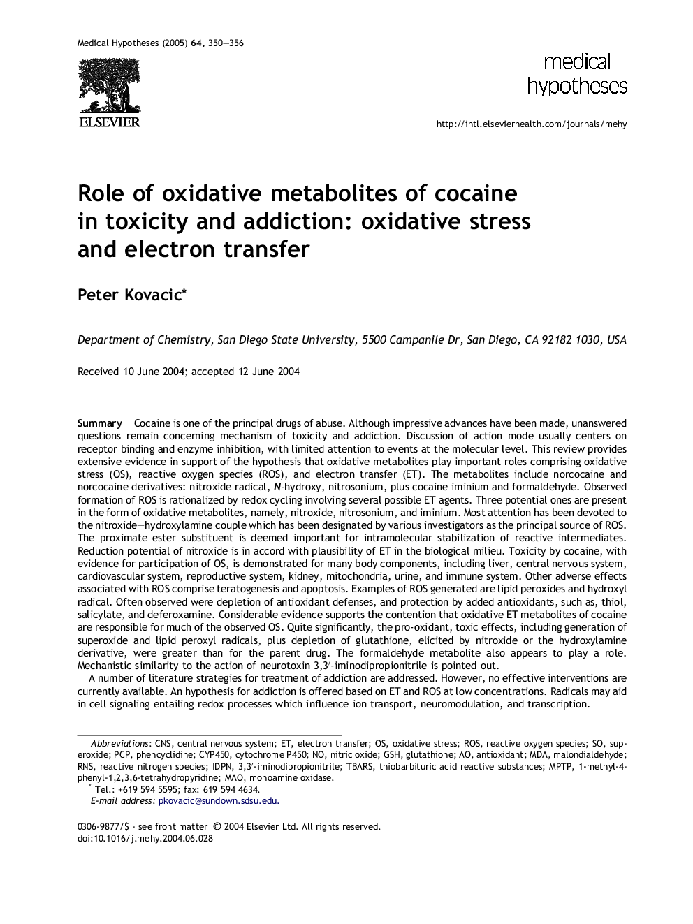 Role of oxidative metabolites of cocaine in toxicity and addiction: oxidative stress and electron transfer