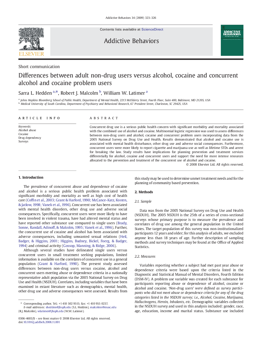 Differences between adult non-drug users versus alcohol, cocaine and concurrent alcohol and cocaine problem users