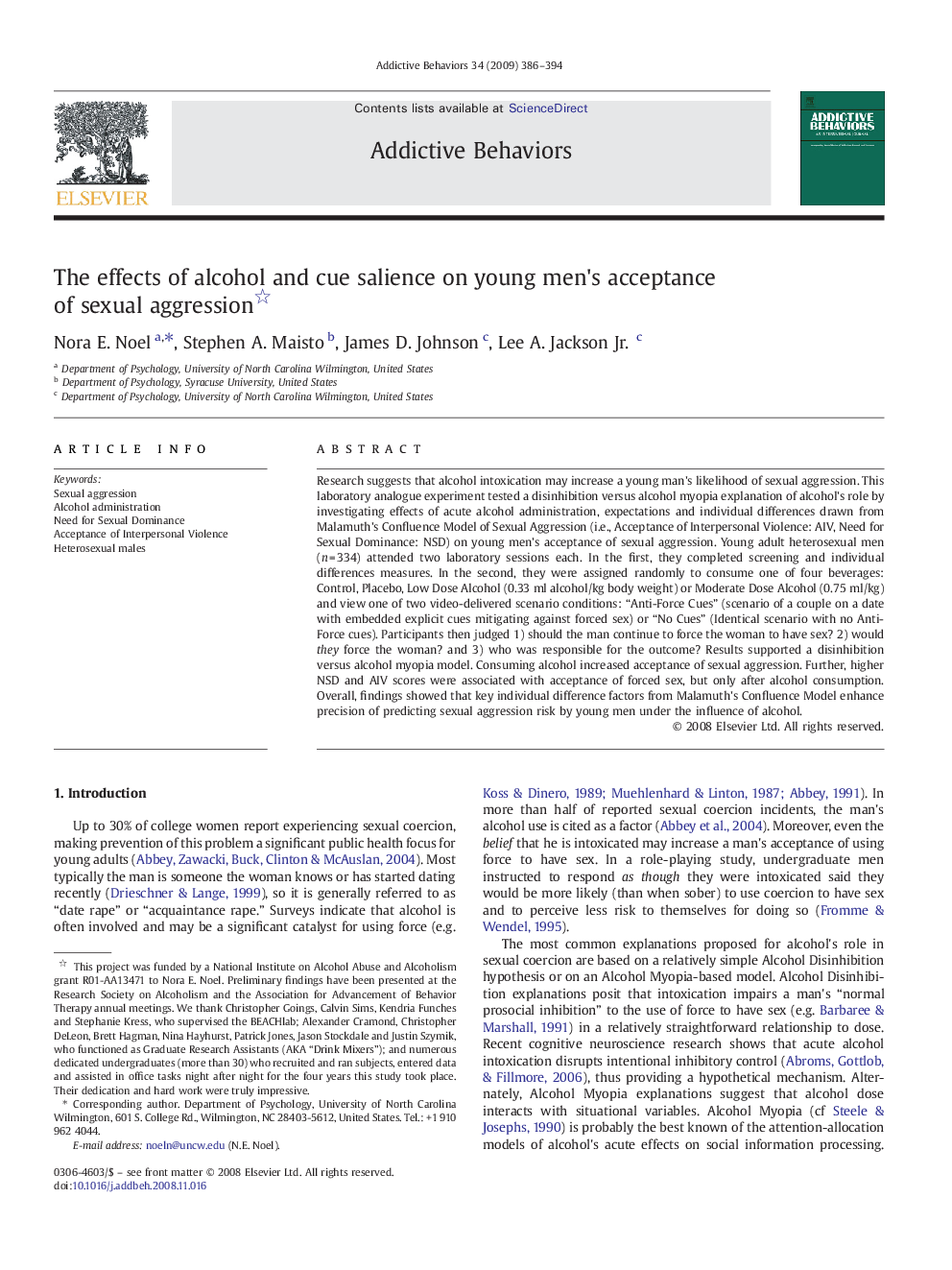 The effects of alcohol and cue salience on young men's acceptance of sexual aggression 