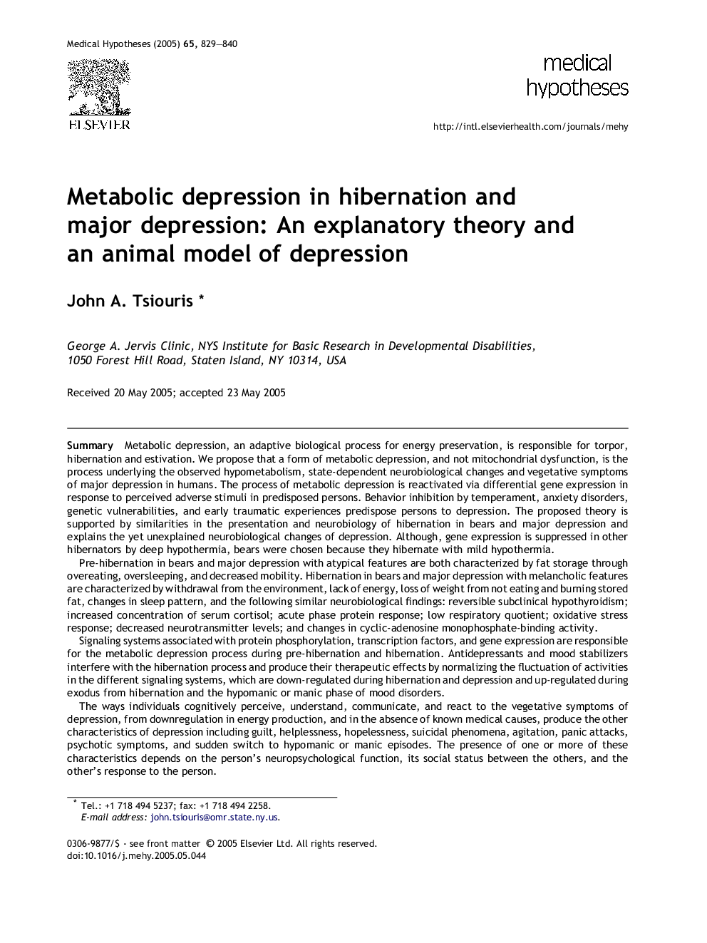 Metabolic depression in hibernation and major depression: An explanatory theory and an animal model of depression