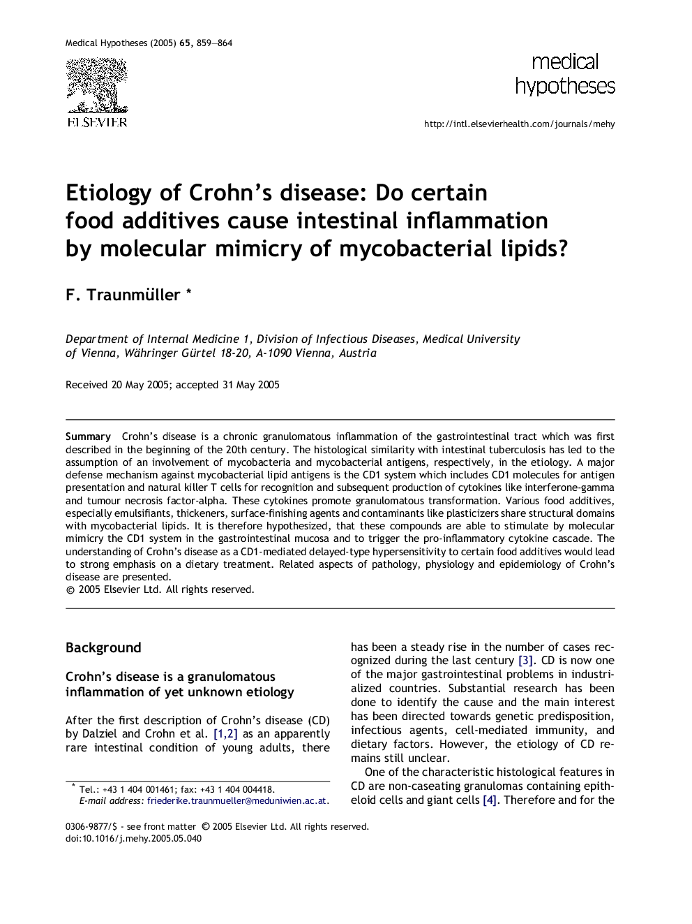 Etiology of Crohn's disease: Do certain food additives cause intestinal inflammation by molecular mimicry of mycobacterial lipids?