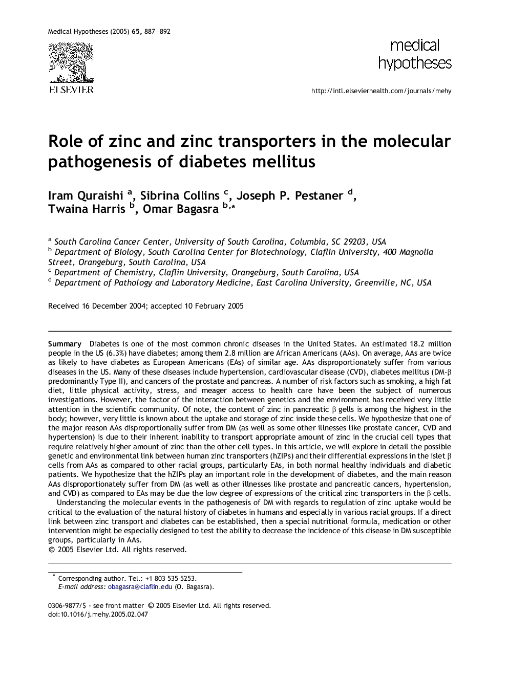 Role of zinc and zinc transporters in the molecular pathogenesis of diabetes mellitus