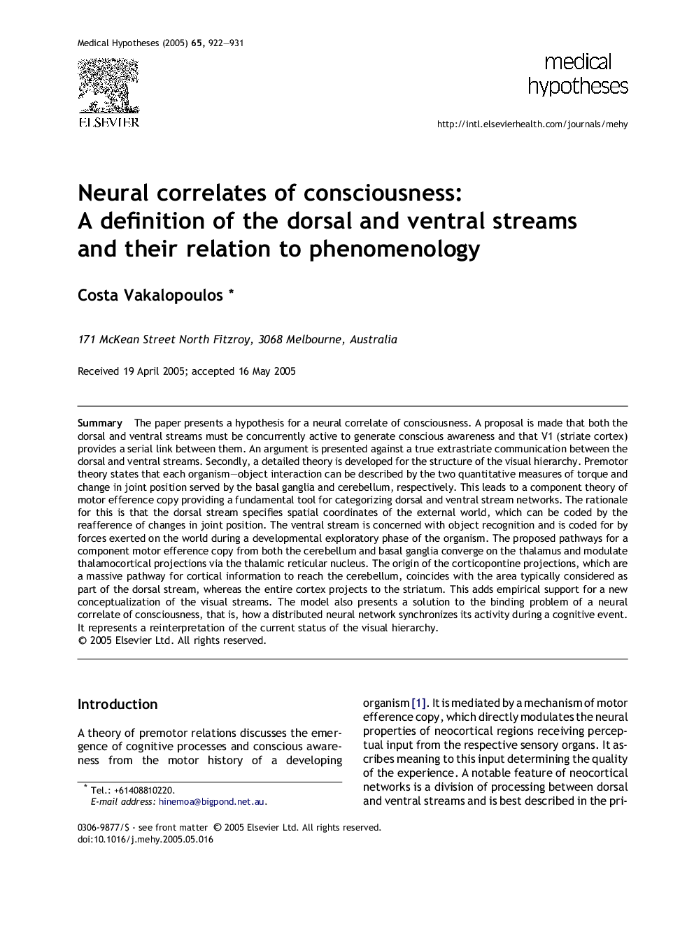 Neural correlates of consciousness: A definition of the dorsal and ventral streams and their relation to phenomenology