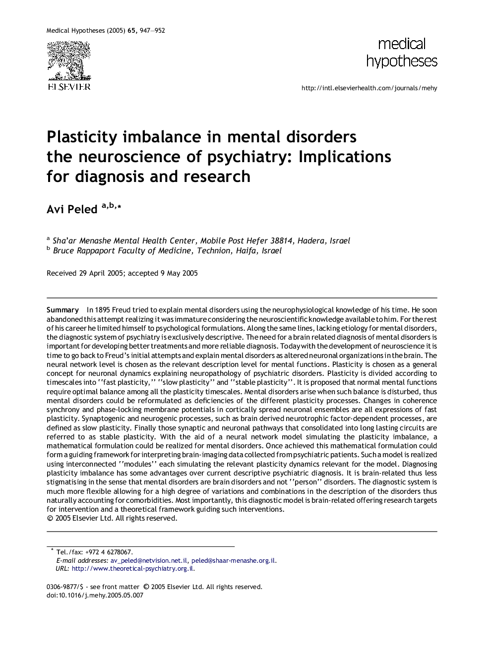 Plasticity imbalance in mental disorders the neuroscience of psychiatry: Implications for diagnosis and research