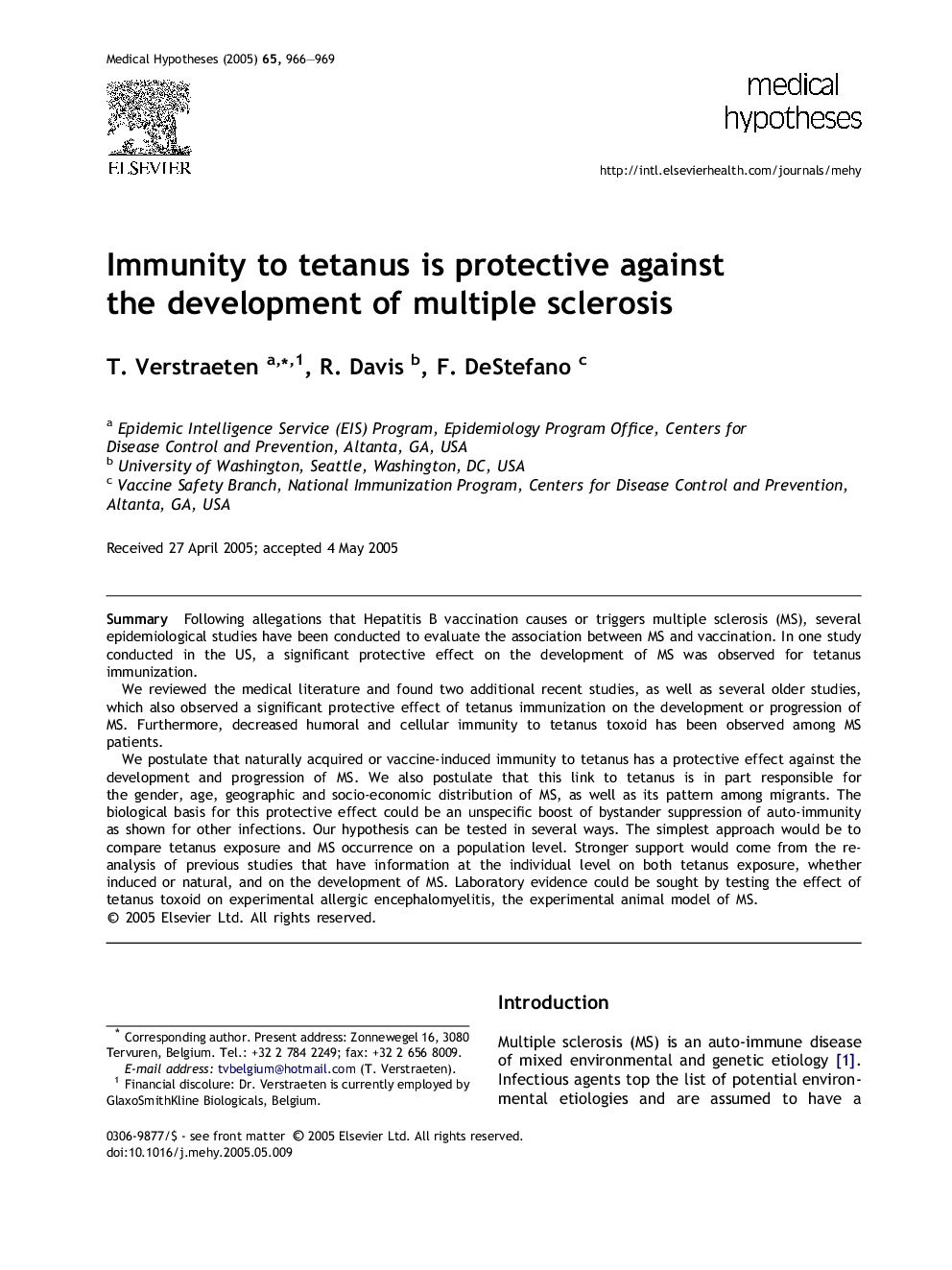 Immunity to tetanus is protective against the development of multiple sclerosis