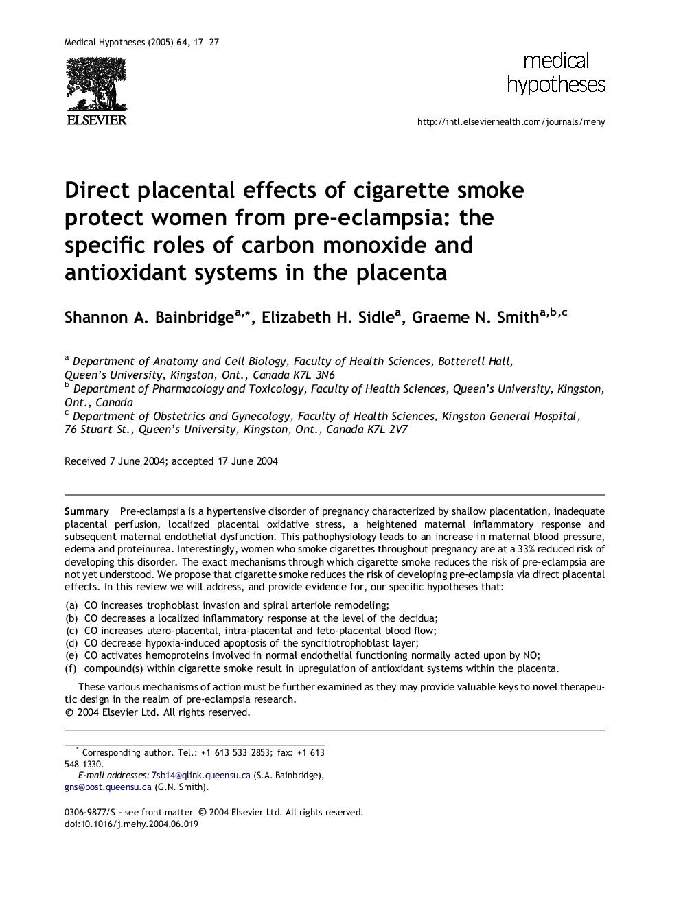 Direct placental effects of cigarette smoke protect women from pre-eclampsia: the specific roles of carbon monoxide and antioxidant systems in the placenta